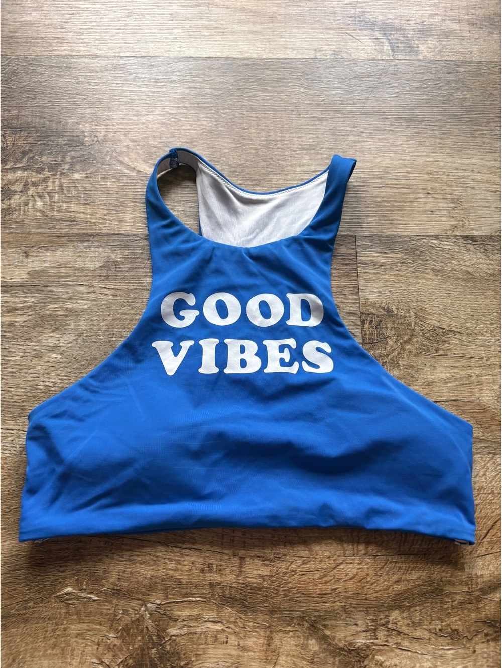 Blue PINK Sports Swim Top Bra Size Small with Good Vibes Print Racerback